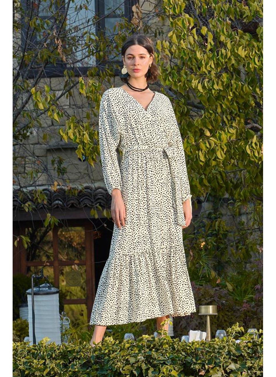 %100 Viskon Puantiye Desenli Kuşaklı Elbise