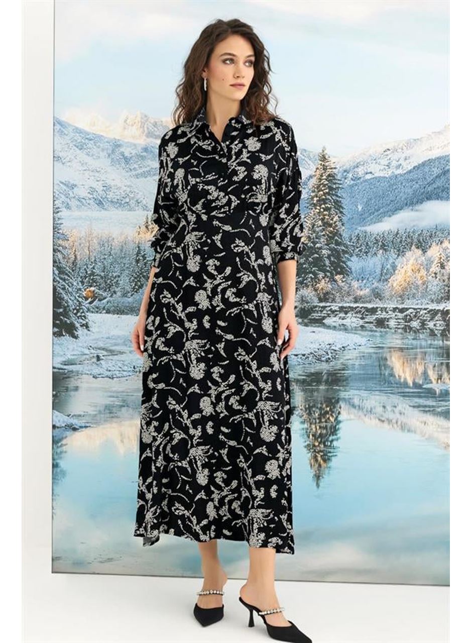 %100 Viskon Desenli Truvakar Kollu Saten Elbise