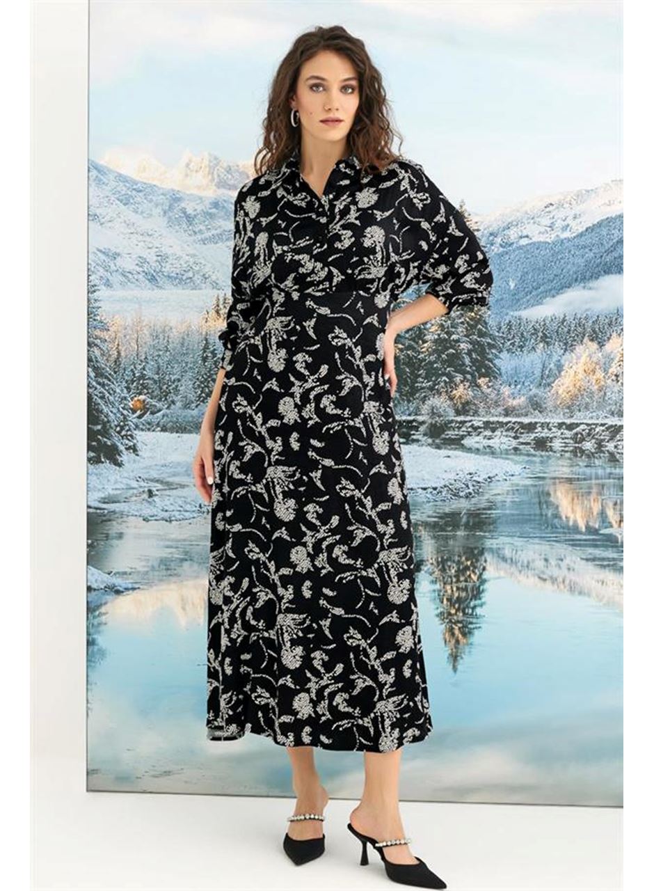 %100 Viskon Desenli Truvakar Kollu Saten Elbise