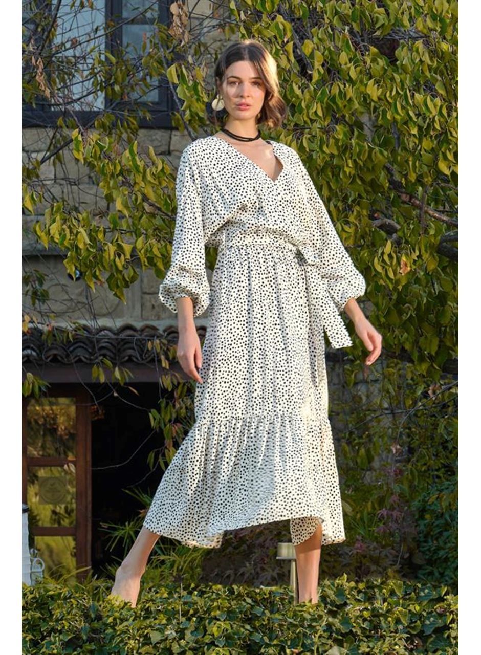 %100 Viskon Puantiye Desenli Kuşaklı Elbise