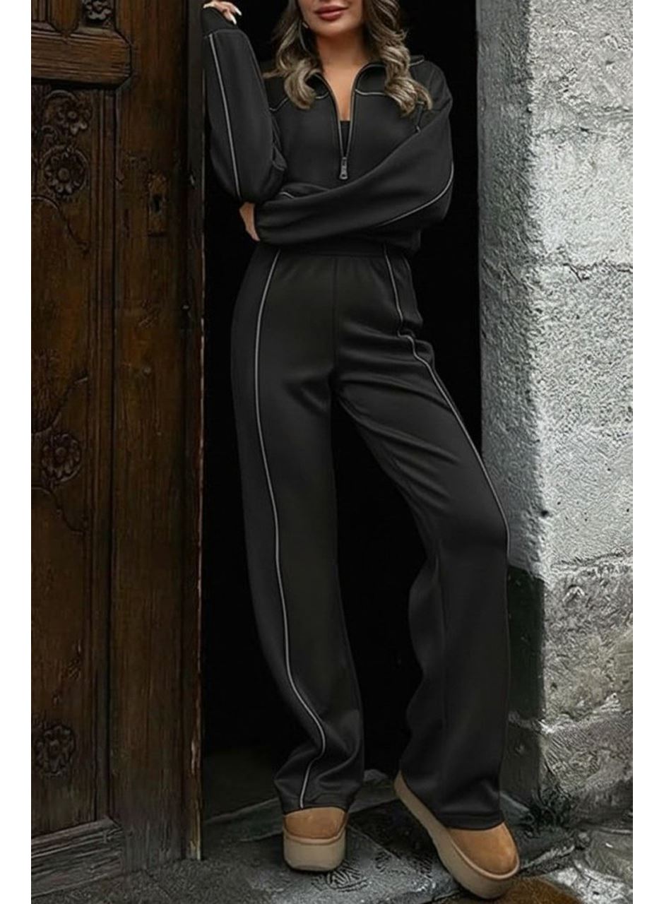 Kadın Uzun Kollu önden Fermuarlı Bluz Ve Pantolon Modal Ikili Takım