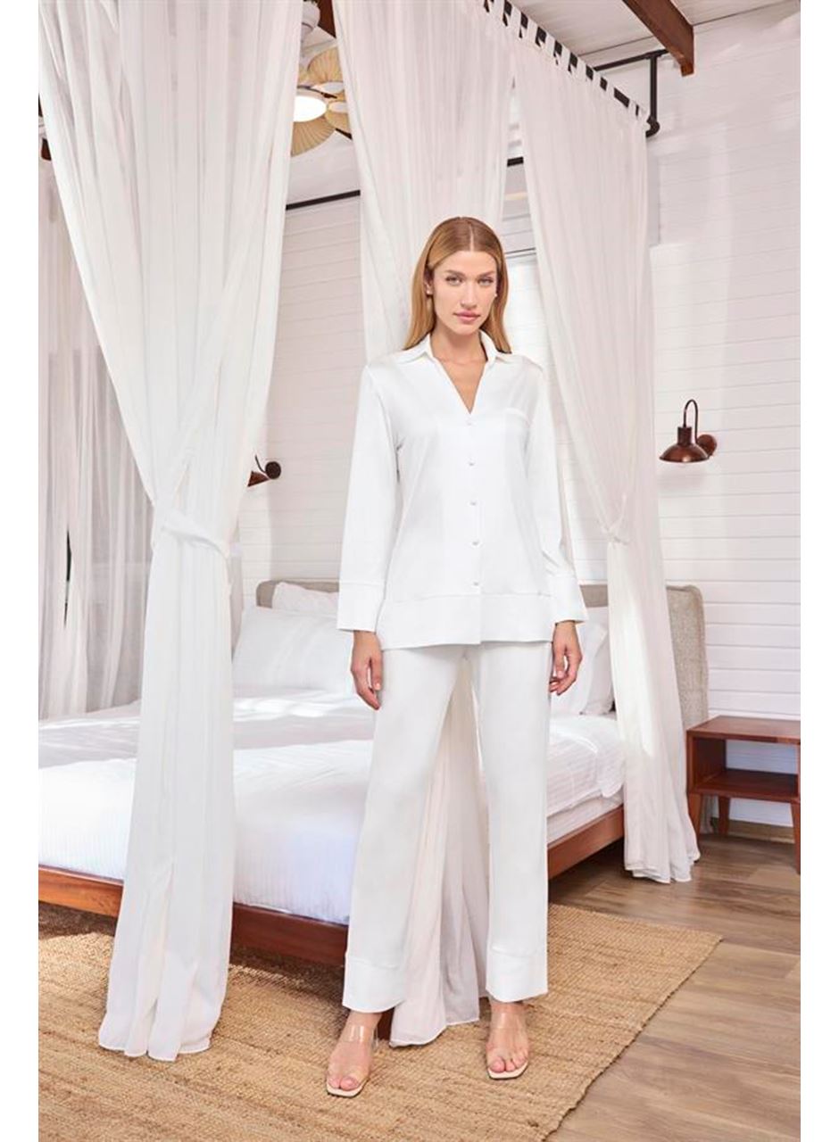 Uzun Kollu Önü Düğmeli Gömlek Yaka Pijama Takımı