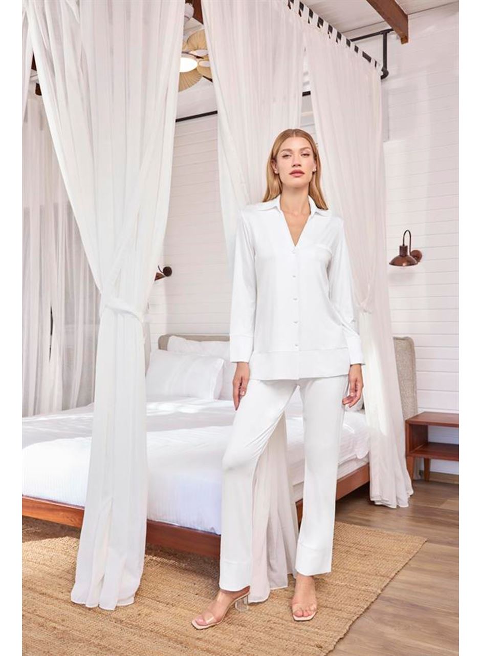 Uzun Kollu Önü Düğmeli Gömlek Yaka Pijama Takımı