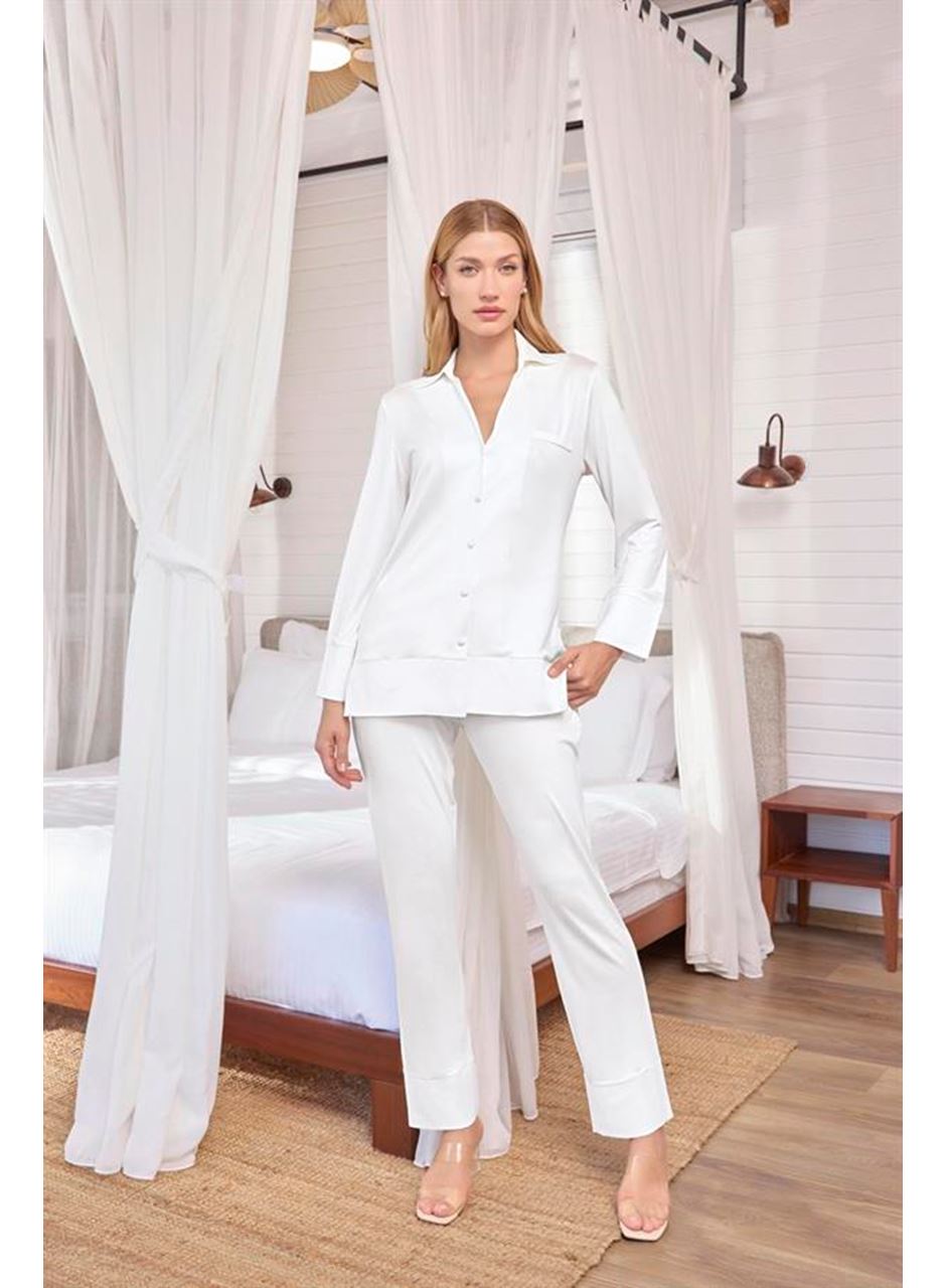 Uzun Kollu Önü Düğmeli Gömlek Yaka Pijama Takımı