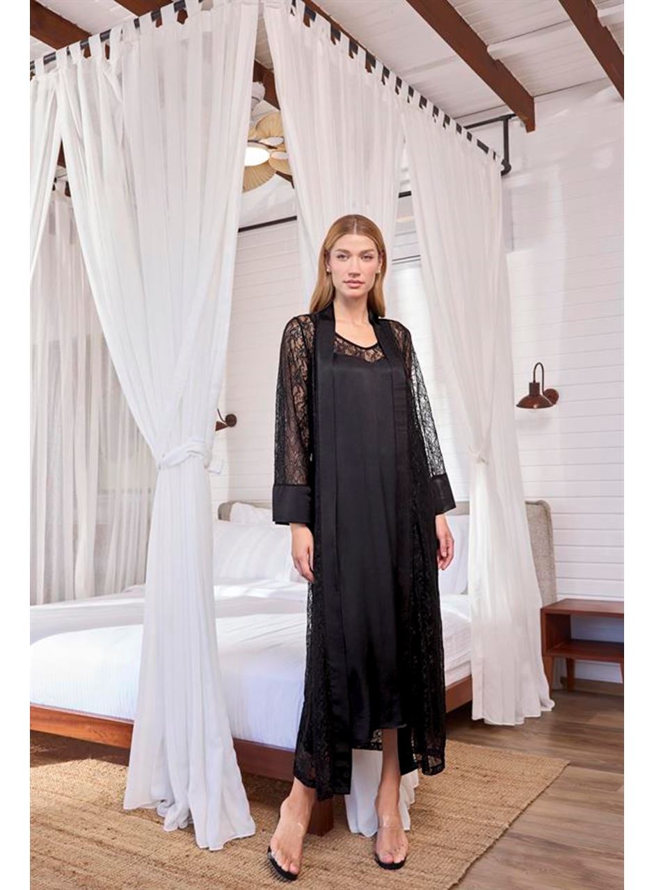 %100 Viskon Dantelli ve Dekolteli Saten Sabahlık Takımı