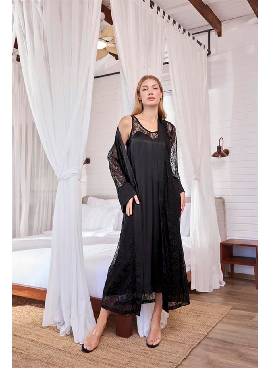 %100 Viskon Dantelli ve Dekolteli Saten Sabahlık Takımı