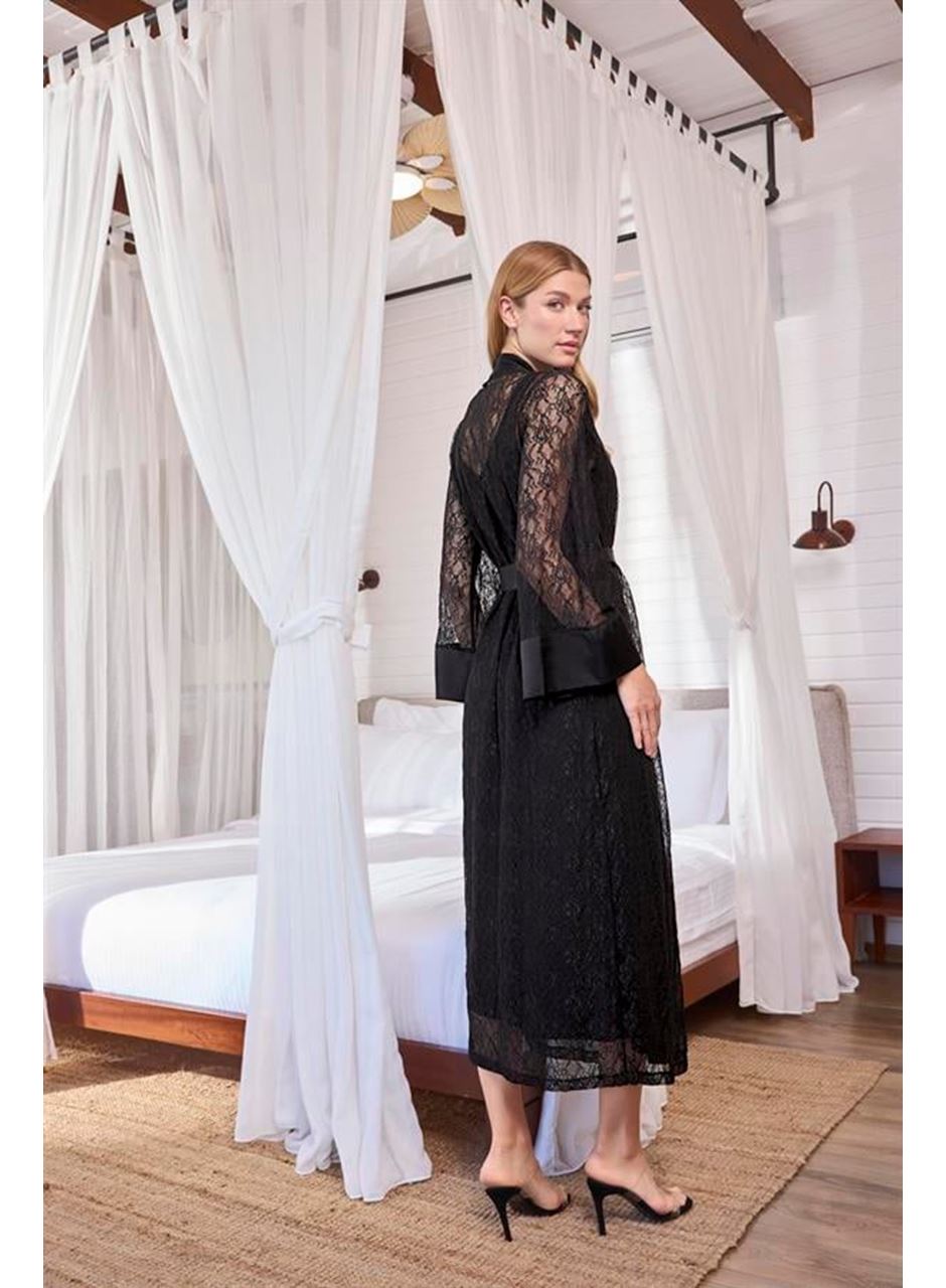 %100 Viskon Dantelli ve Dekolteli Saten Sabahlık Takımı