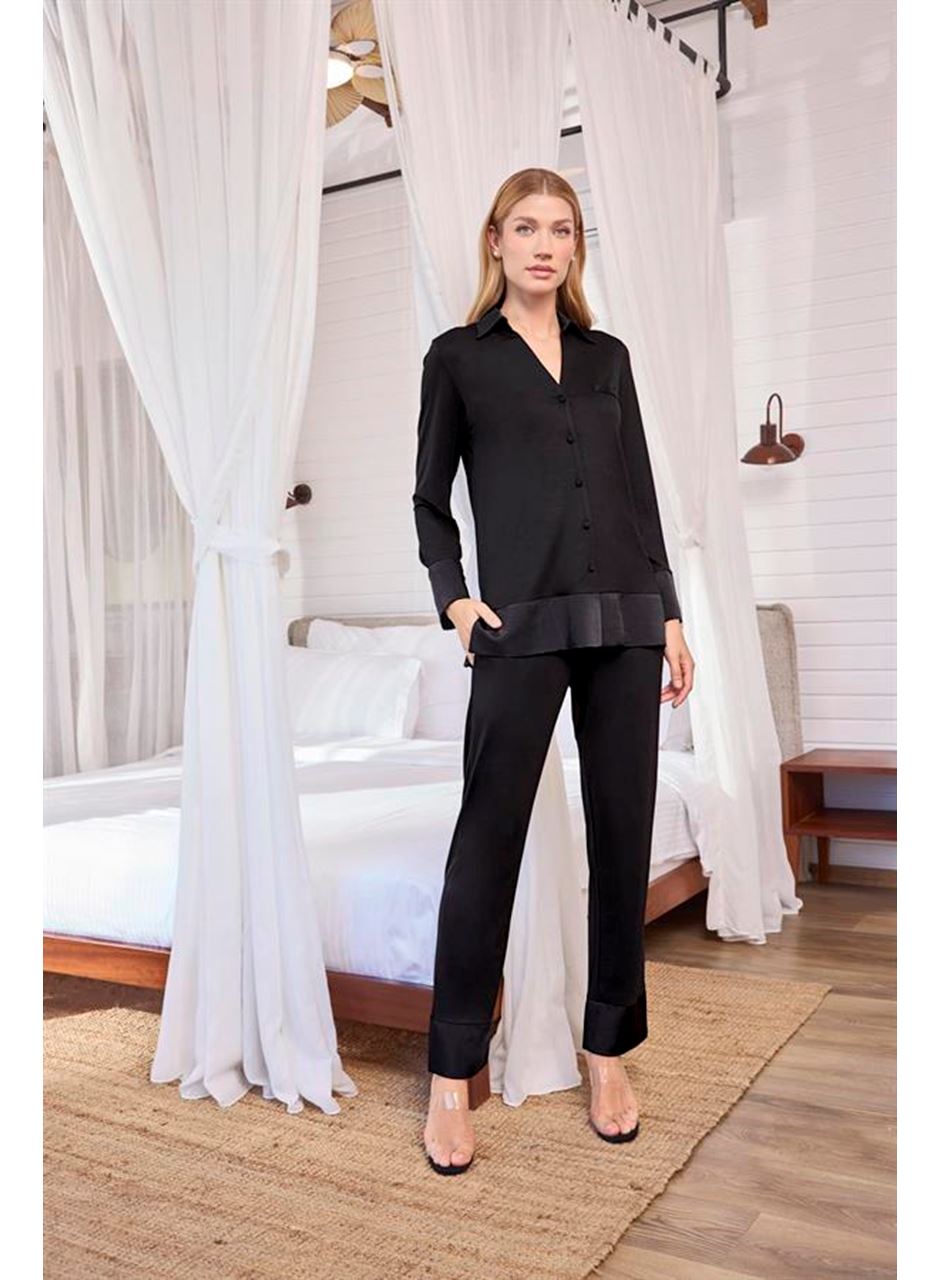 Uzun Kollu Önü Düğmeli Gömlek Yaka Pijama Takımı