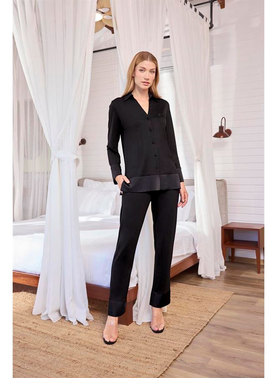 Uzun Kollu Önü Düğmeli Gömlek Yaka Pijama Takımı