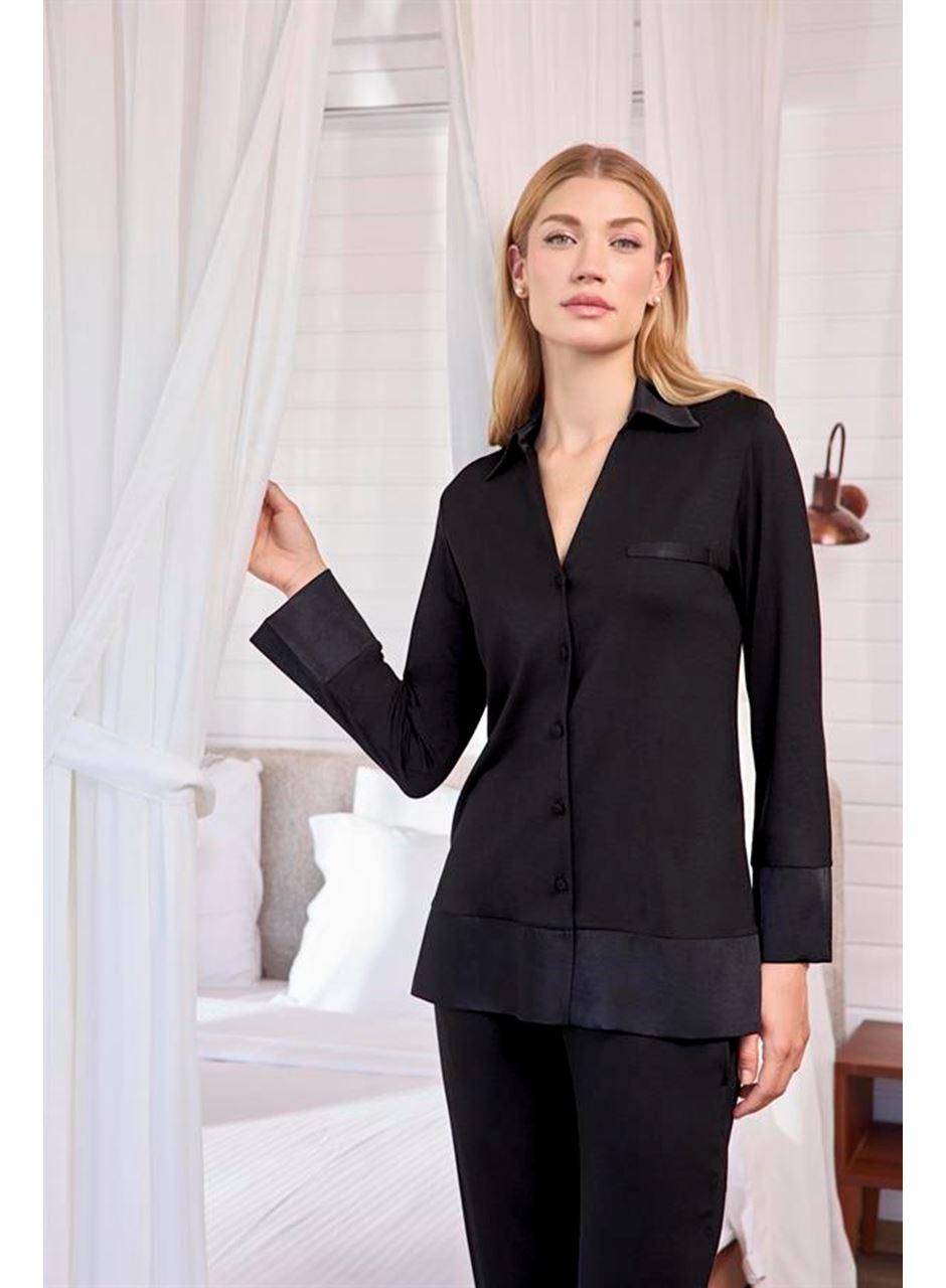 Uzun Kollu Önü Düğmeli Gömlek Yaka Pijama Takımı