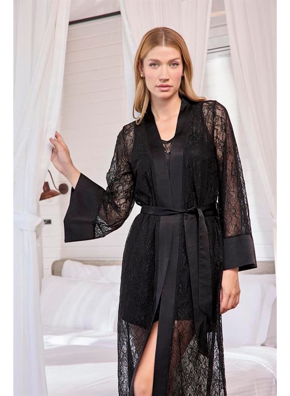 Uzun Kollu Dantelli ve Kuşaklı Sabahlık