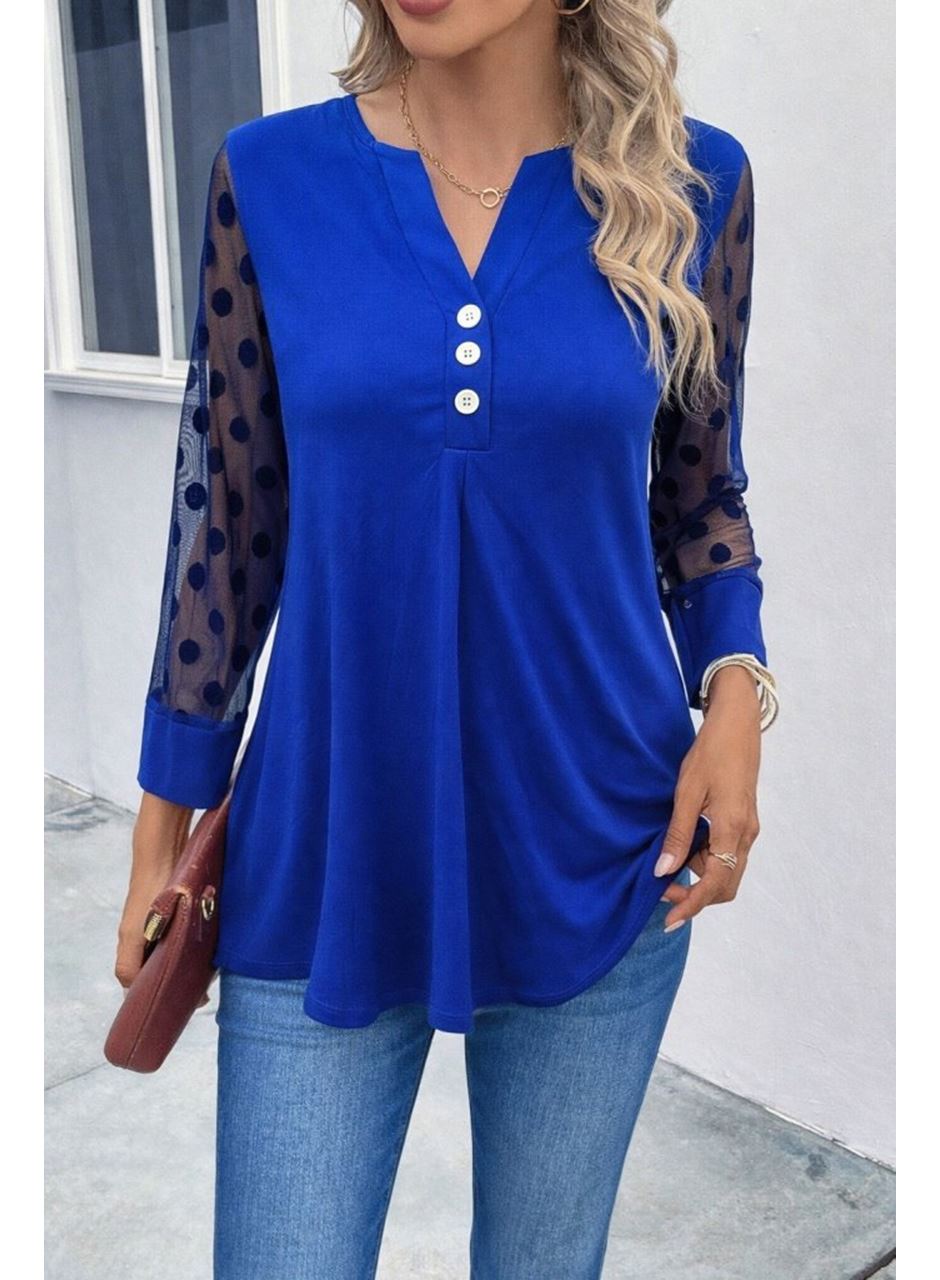 Kadın Uzun Kollu Yakadan Düğmeli Kolları Tül Detaylı Viskon Bluz