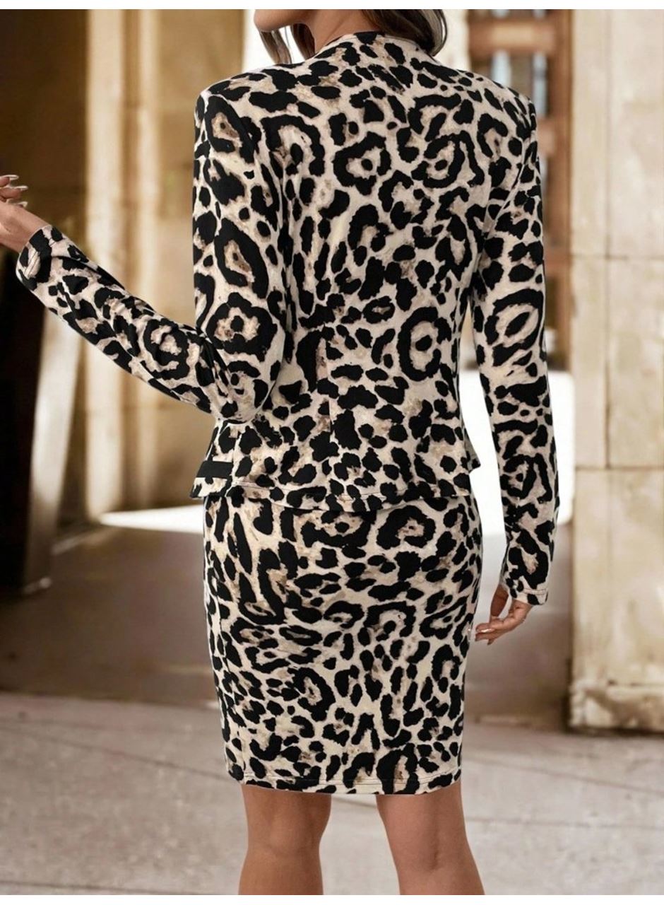 Kadın Uzun Kollu önü Açık Leopar Desen Modal Ceket Ve Etek Ikili Takım