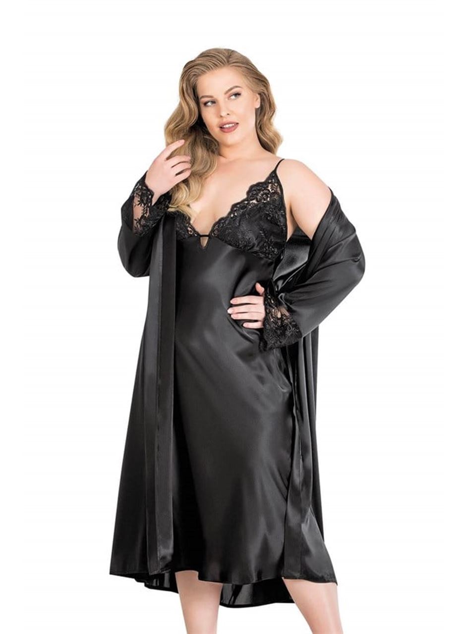 Büyük Beden Siyah Uzun İkili Saten Sabahlık Gecelik Takımı