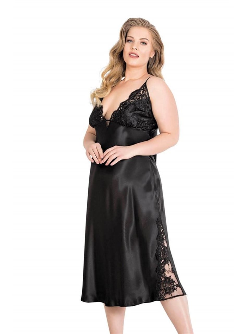 Büyük Beden Siyah Uzun İkili Saten Sabahlık Gecelik Takımı