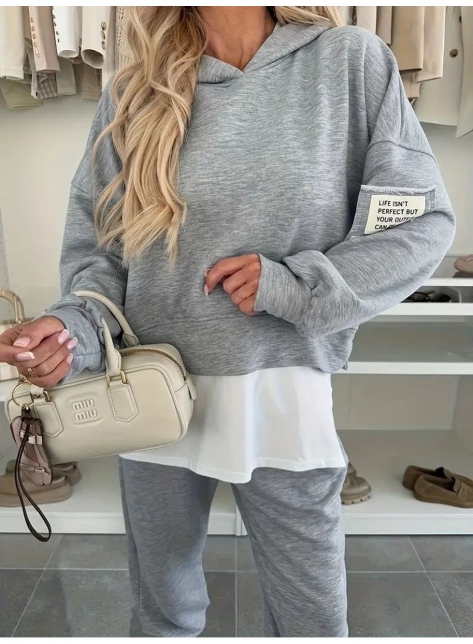 Kadın Uzun Kollu Kapşonlu Viskon Iki Iplik Bluz Ve Pantolon Ikili Takım