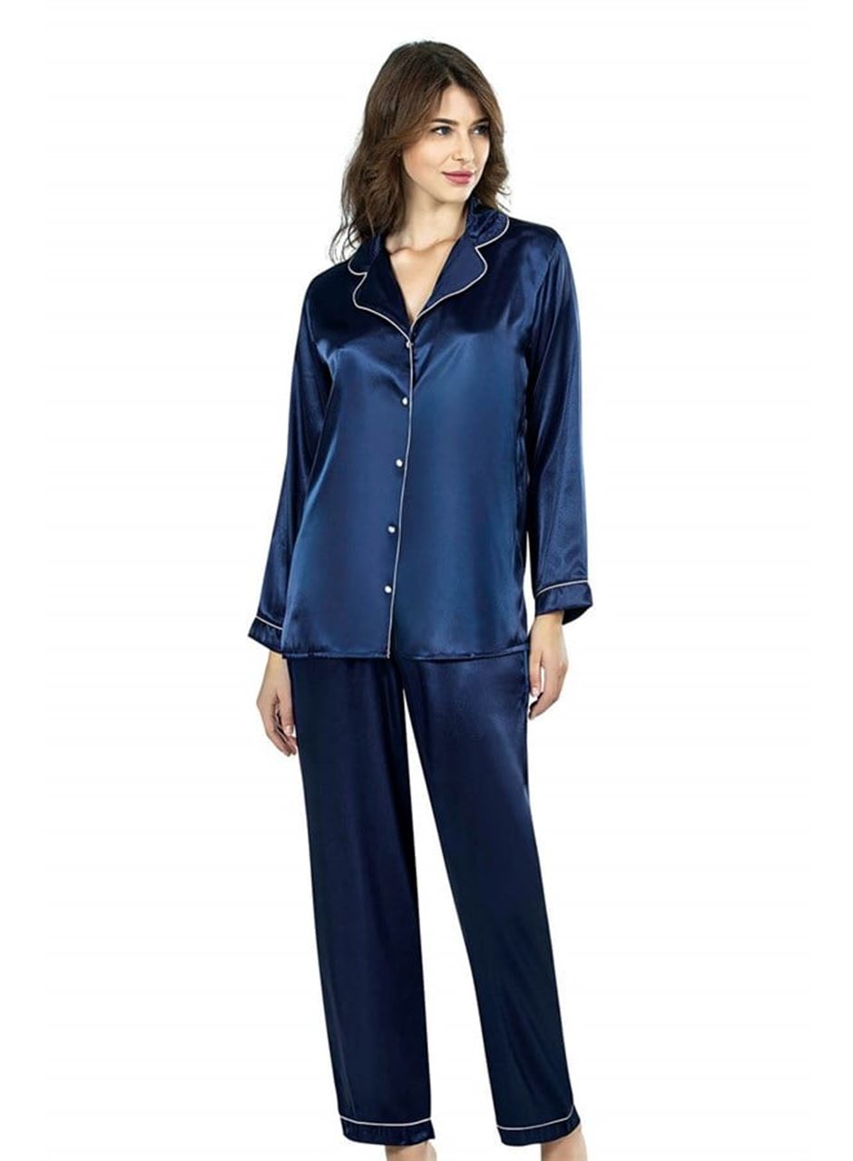 Lacivert İkili Saten Gecelik Pijama Takımı 7647