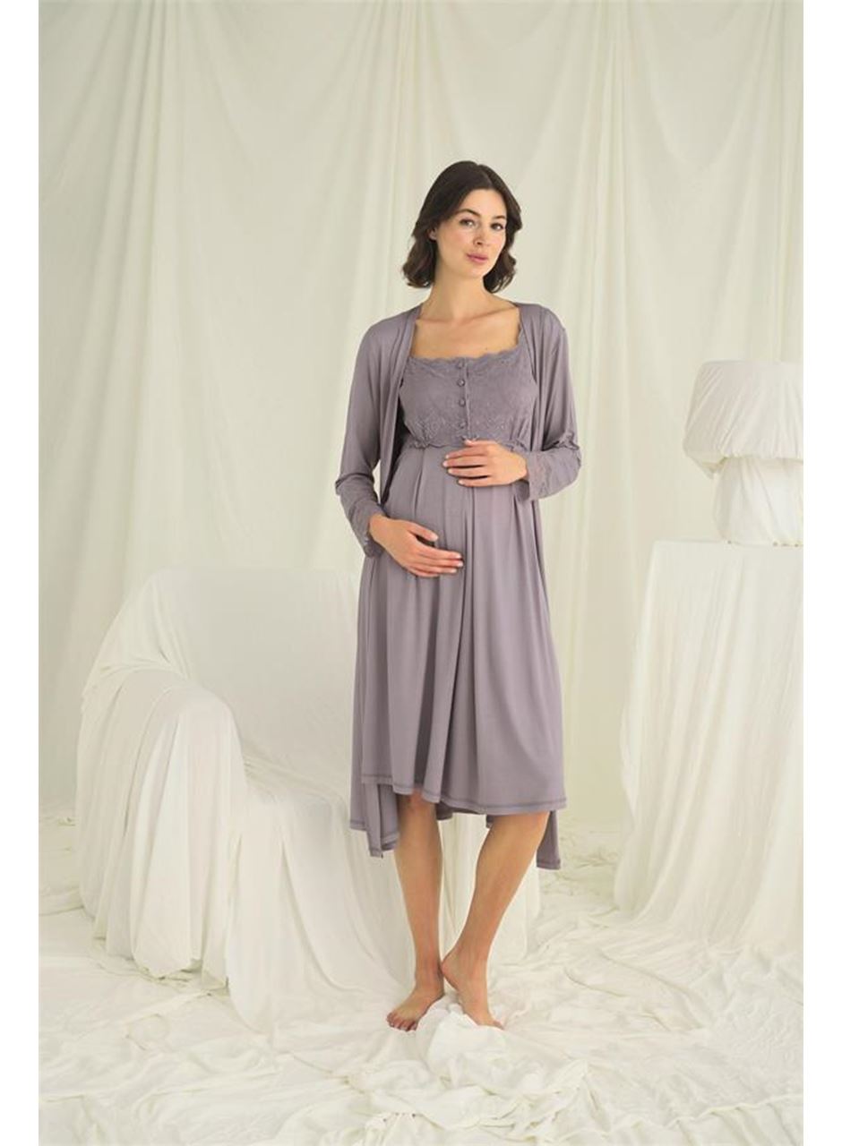 Dantelli Önü Düğmeli Hamile Lohusa Sabahlık Takımı