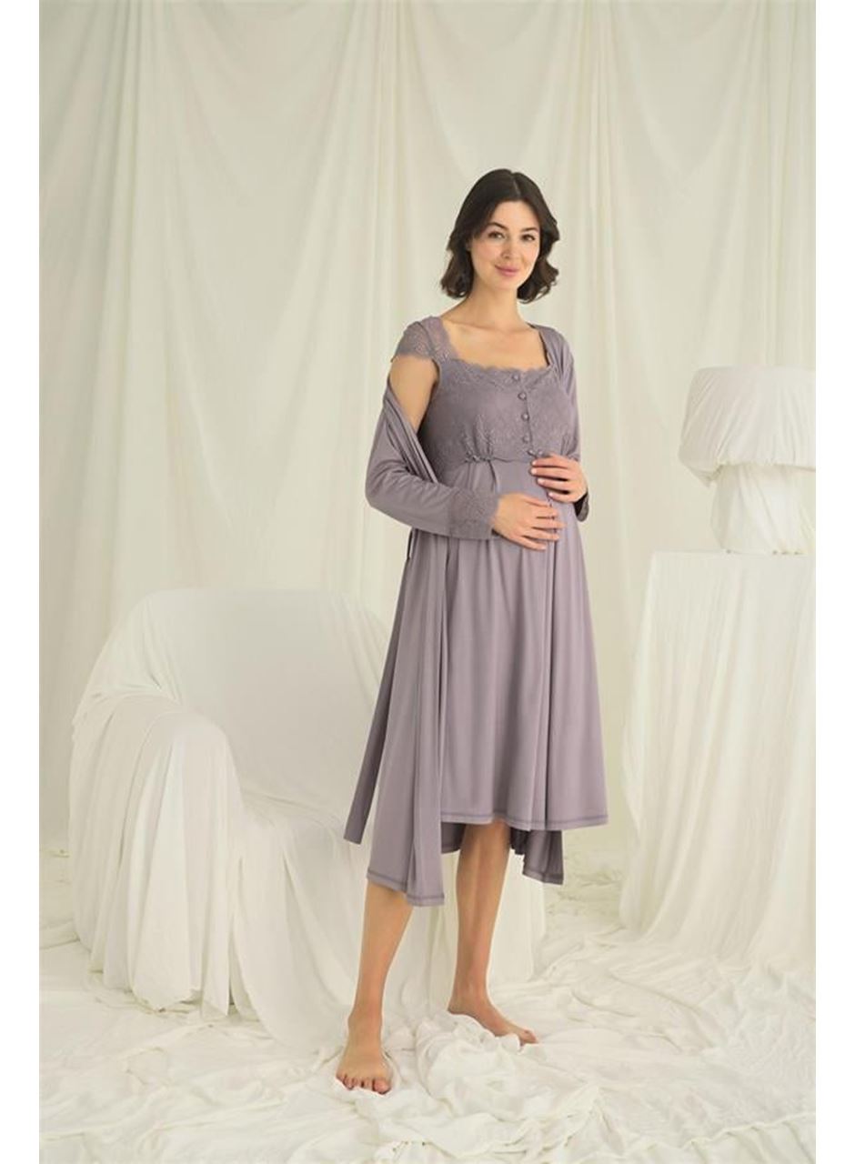 Dantelli Önü Düğmeli Hamile Lohusa Sabahlık Takımı