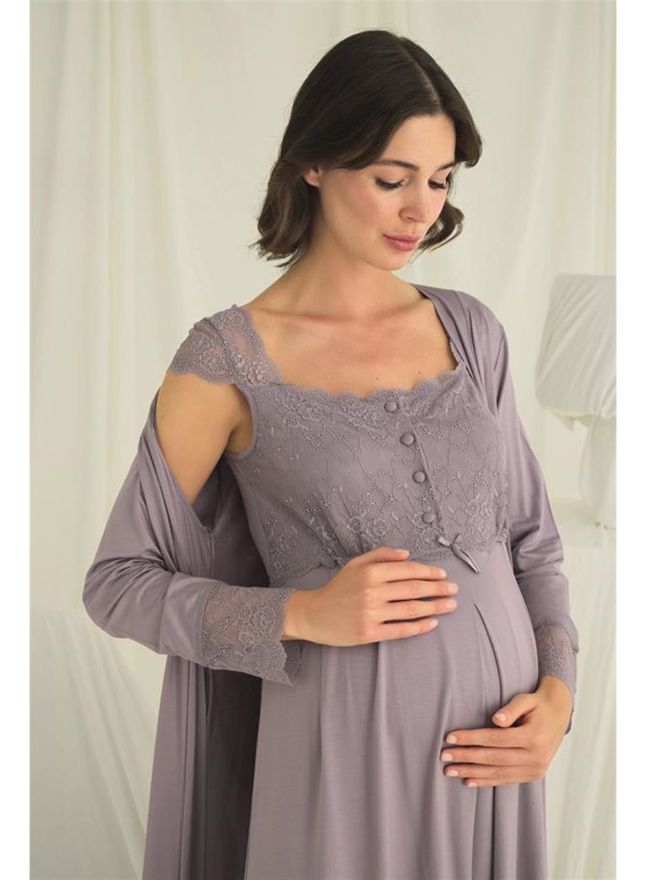 Dantelli Önü Düğmeli Hamile Lohusa Sabahlık Takımı