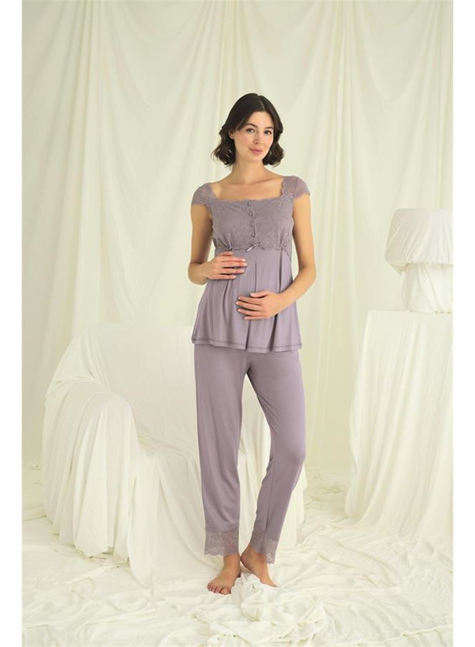 Dantelli Önü Düğmeli Hamile Lohusa 3'lü Pijama Takımı