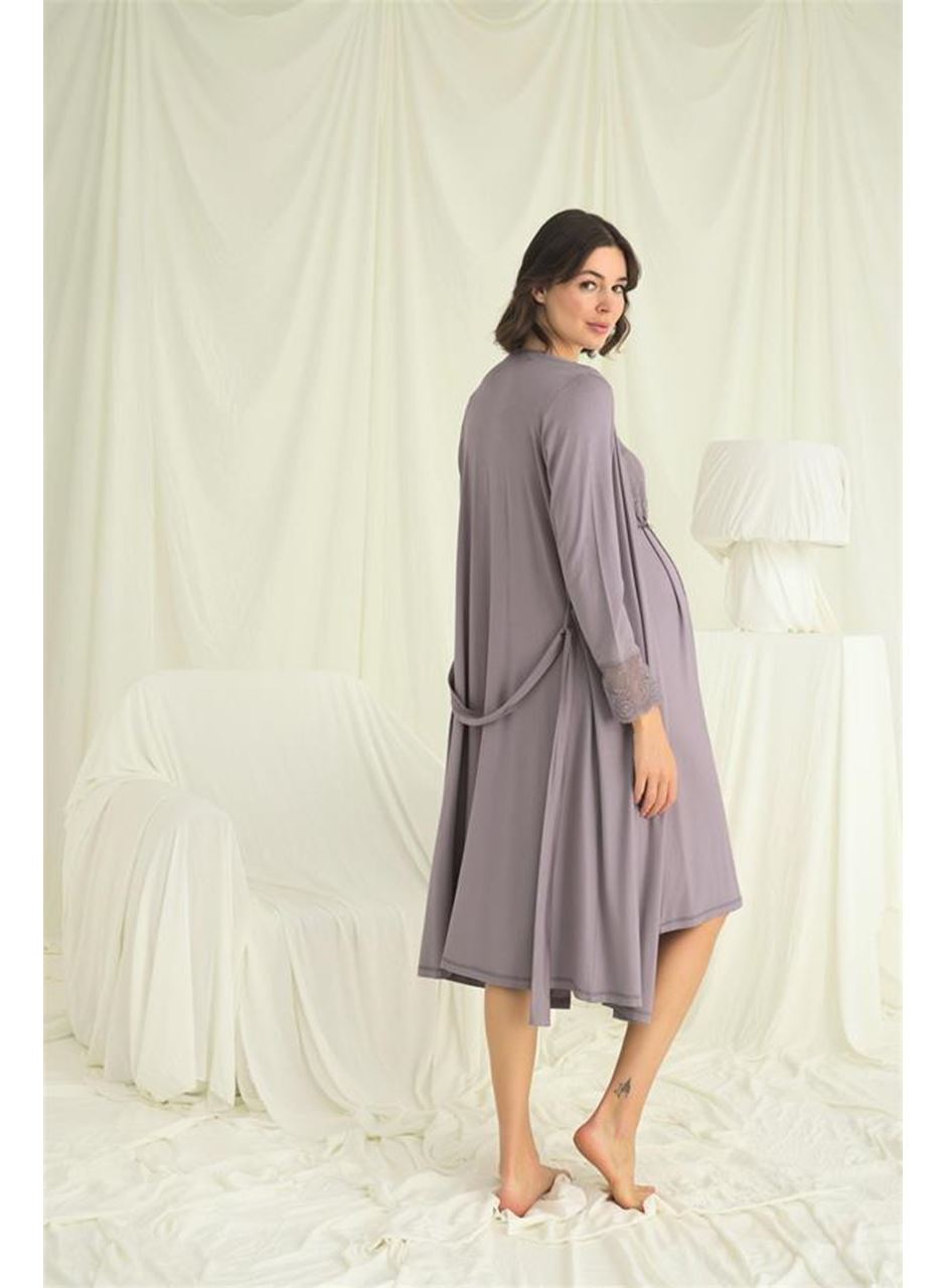 Dantelli Önü Düğmeli Hamile Lohusa Sabahlık Takımı