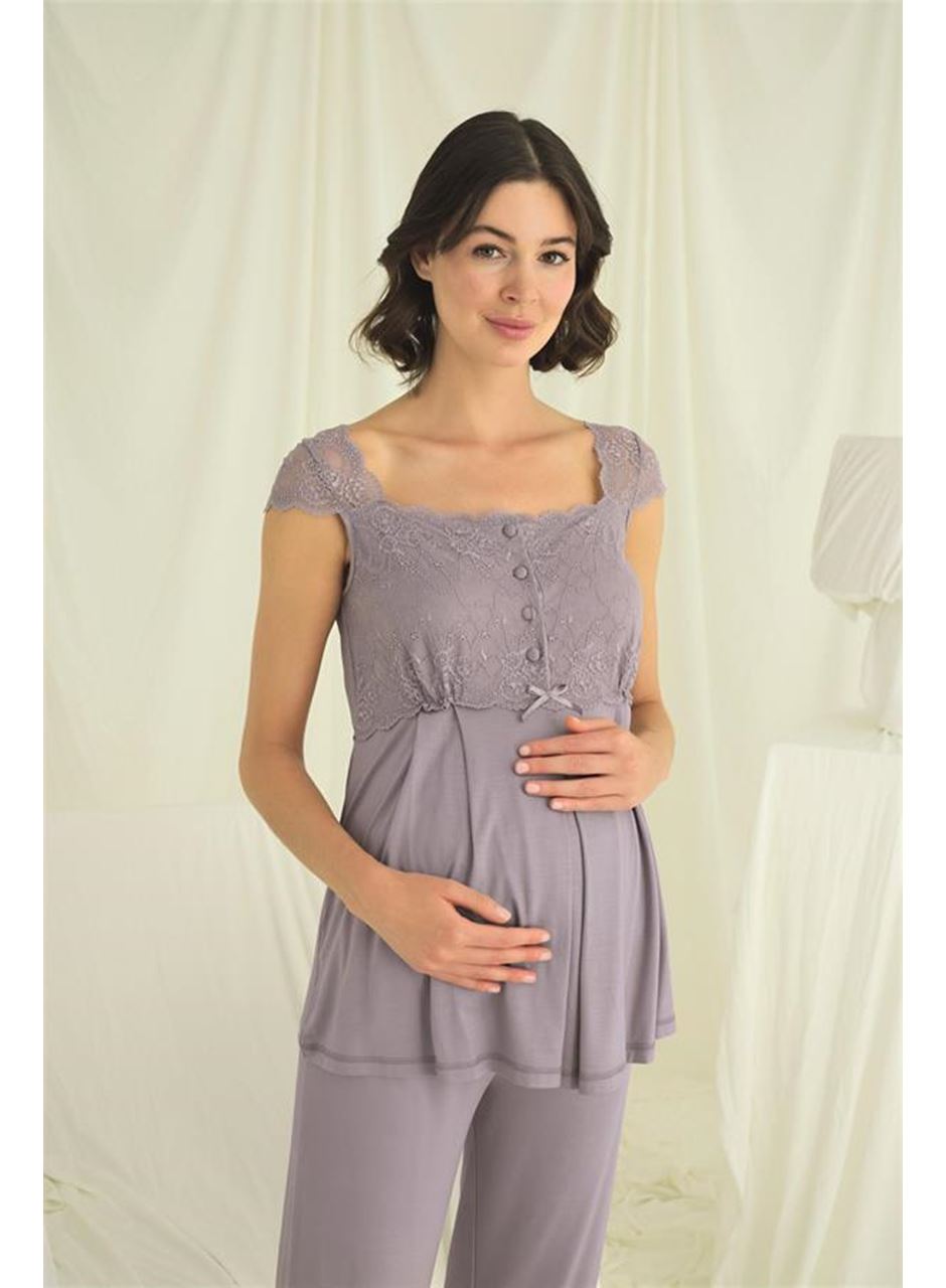 Dantelli Önü Düğmeli Hamile Lohusa 3'lü Pijama Takımı