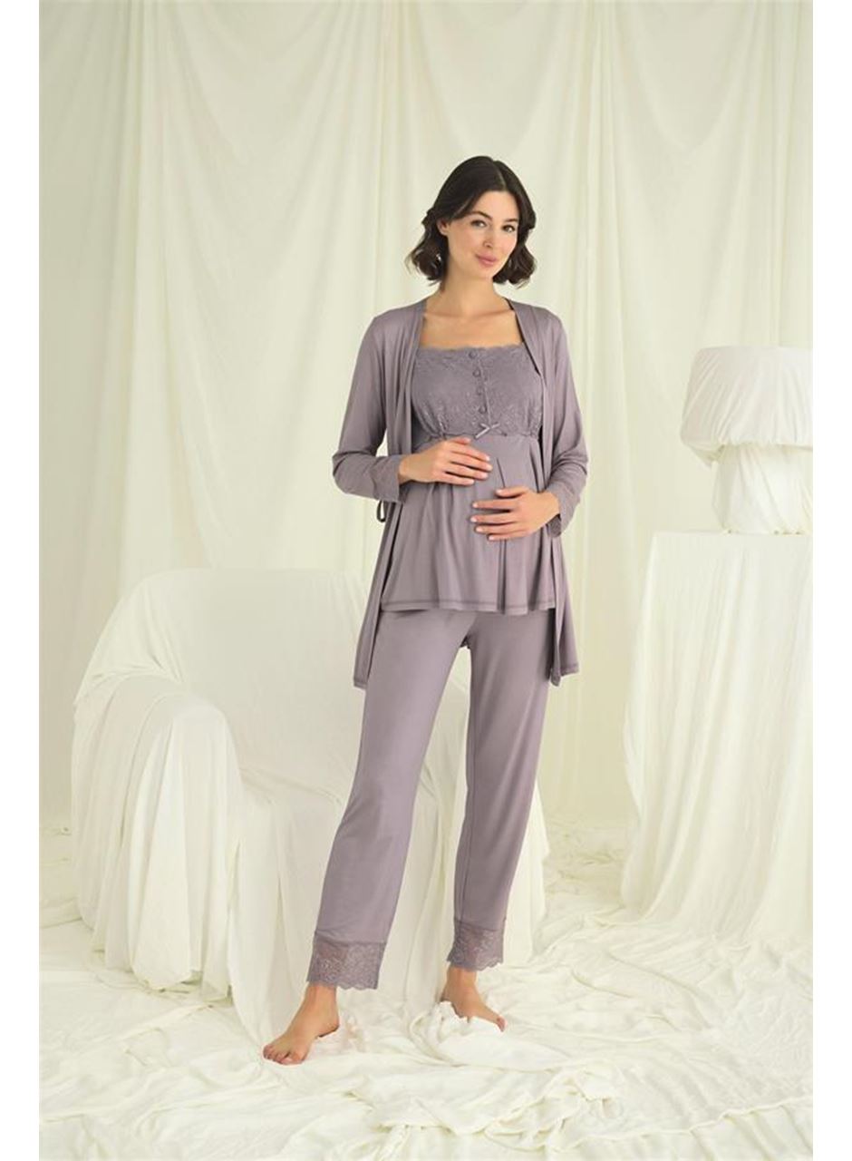 Dantelli Önü Düğmeli Hamile Lohusa 3'lü Pijama Takımı