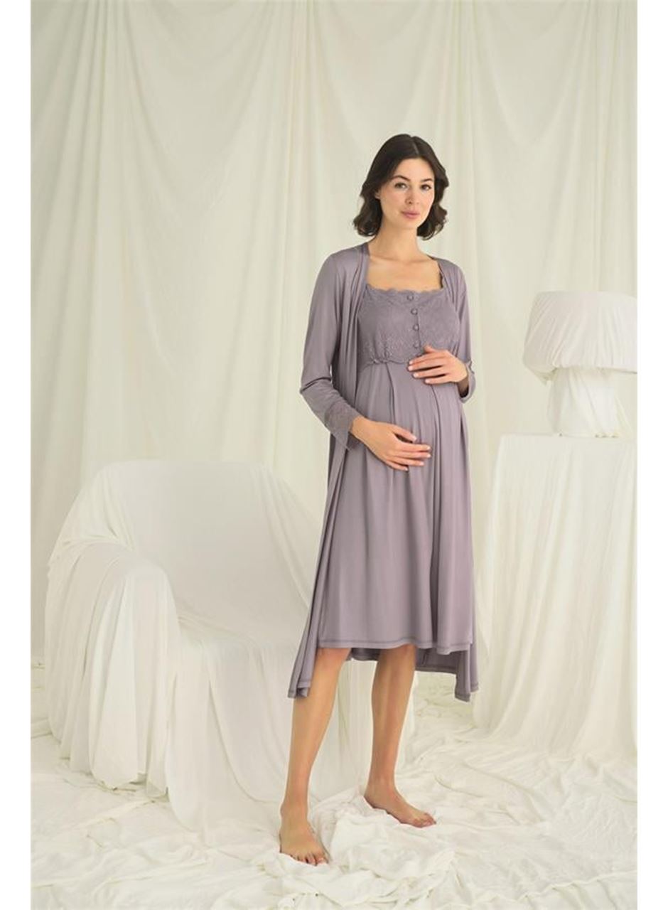 Dantelli Önü Düğmeli Hamile Lohusa Sabahlık Takımı