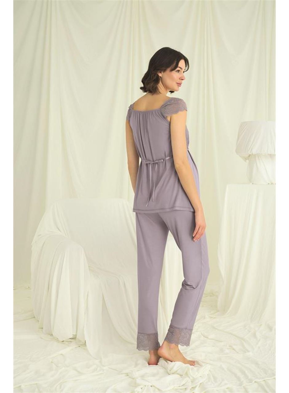 Dantelli Önü Düğmeli Hamile Lohusa 3'lü Pijama Takımı