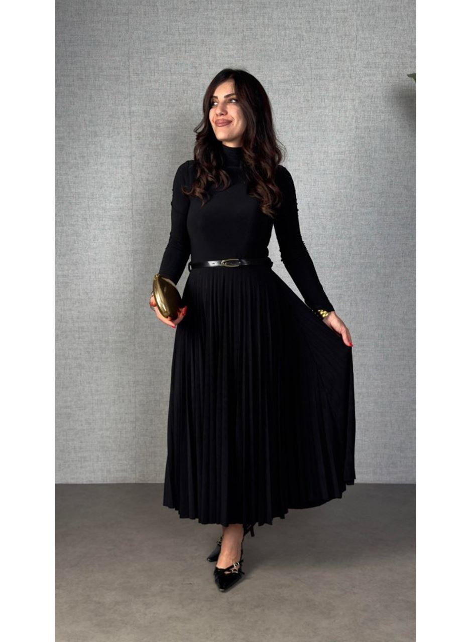 Kadın Uzun Kollu Balıkçı Yaka Kemersiz Pileli Uzun Sandy Elbise