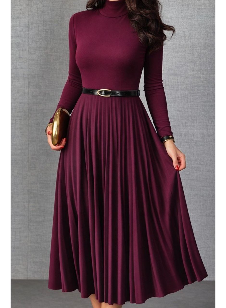 Kadın Uzun Kollu Balıkçı Yaka Kemersiz Pileli Uzun Sandy Elbise