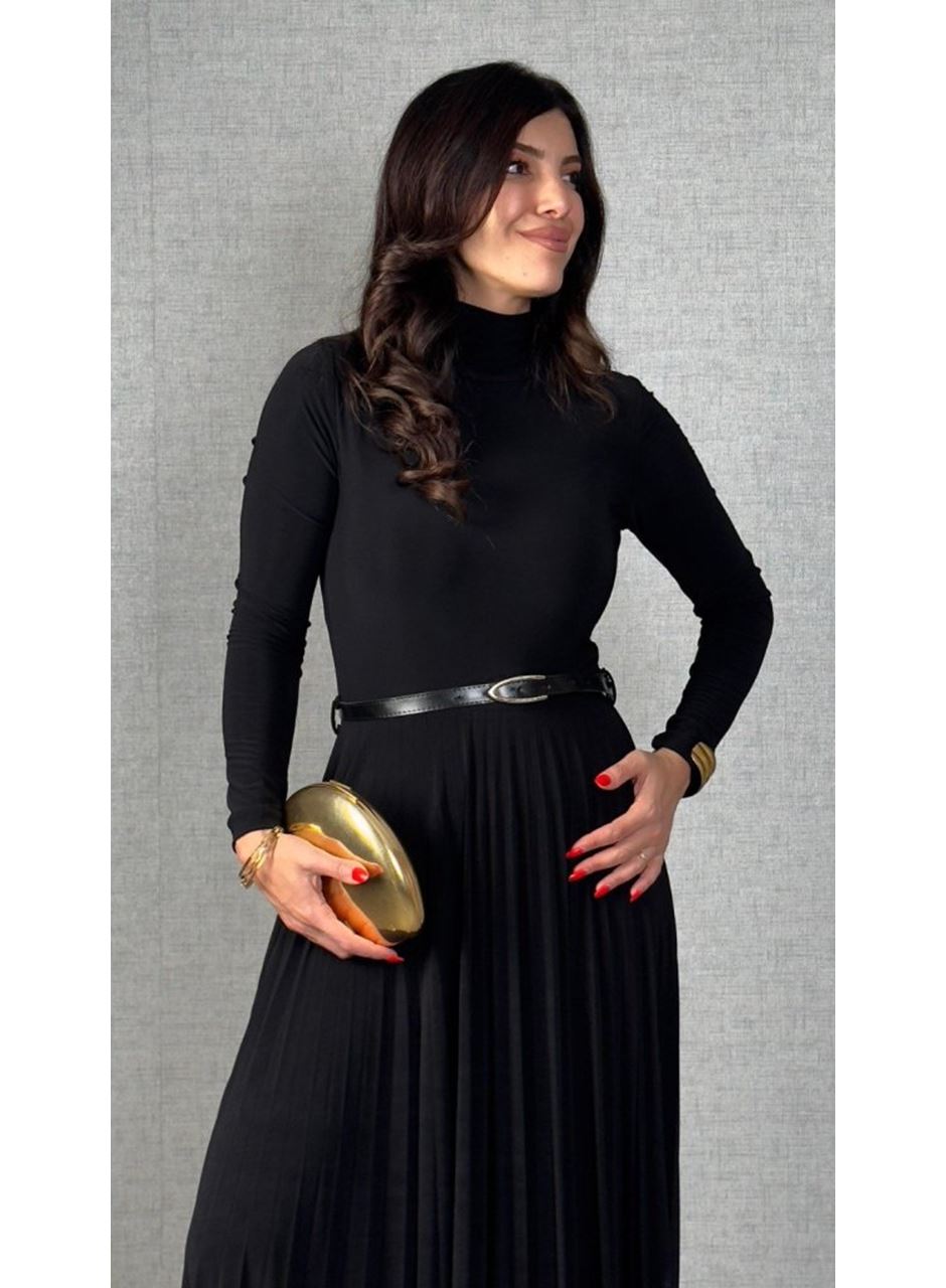 Kadın Uzun Kollu Balıkçı Yaka Kemersiz Pileli Uzun Sandy Elbise