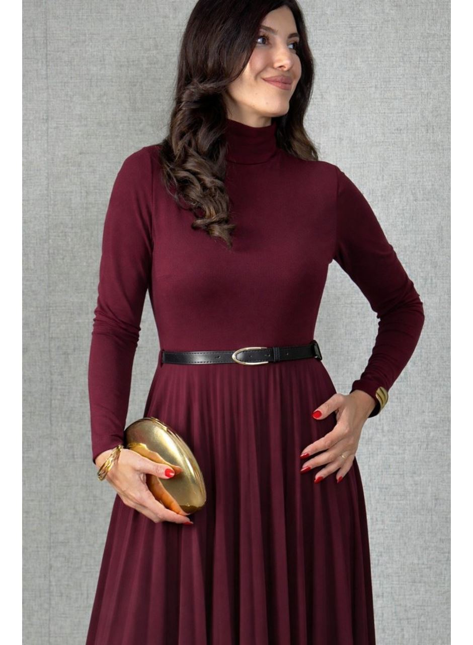 Kadın Uzun Kollu Balıkçı Yaka Kemersiz Pileli Uzun Sandy Elbise