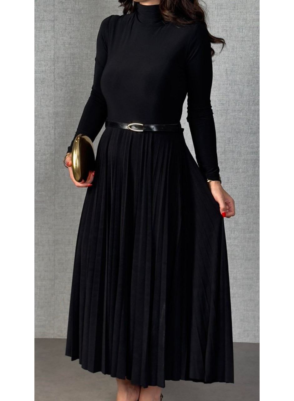 Kadın Uzun Kollu Balıkçı Yaka Kemersiz Pileli Uzun Sandy Elbise