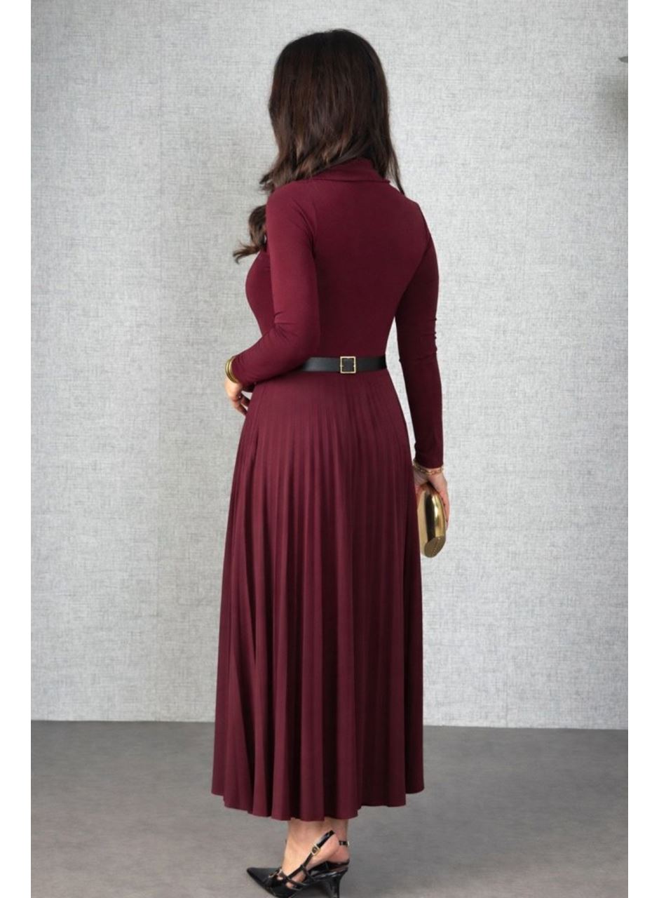 Kadın Uzun Kollu Balıkçı Yaka Kemersiz Pileli Uzun Sandy Elbise