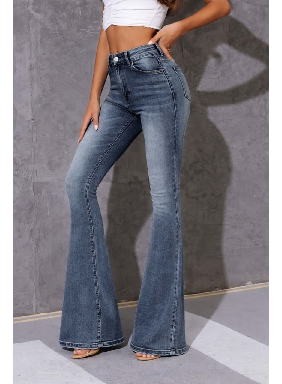 Kadın Yüksek Bel Fermuarlı İspanyol Paçalı Kot Pantolon