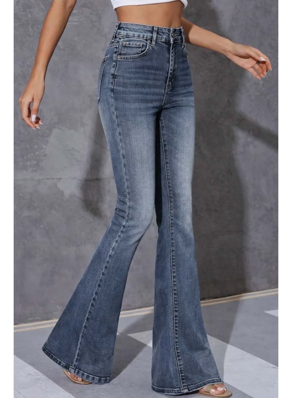 Kadın Yüksek Bel Fermuarlı İspanyol Paçalı Kot Pantolon