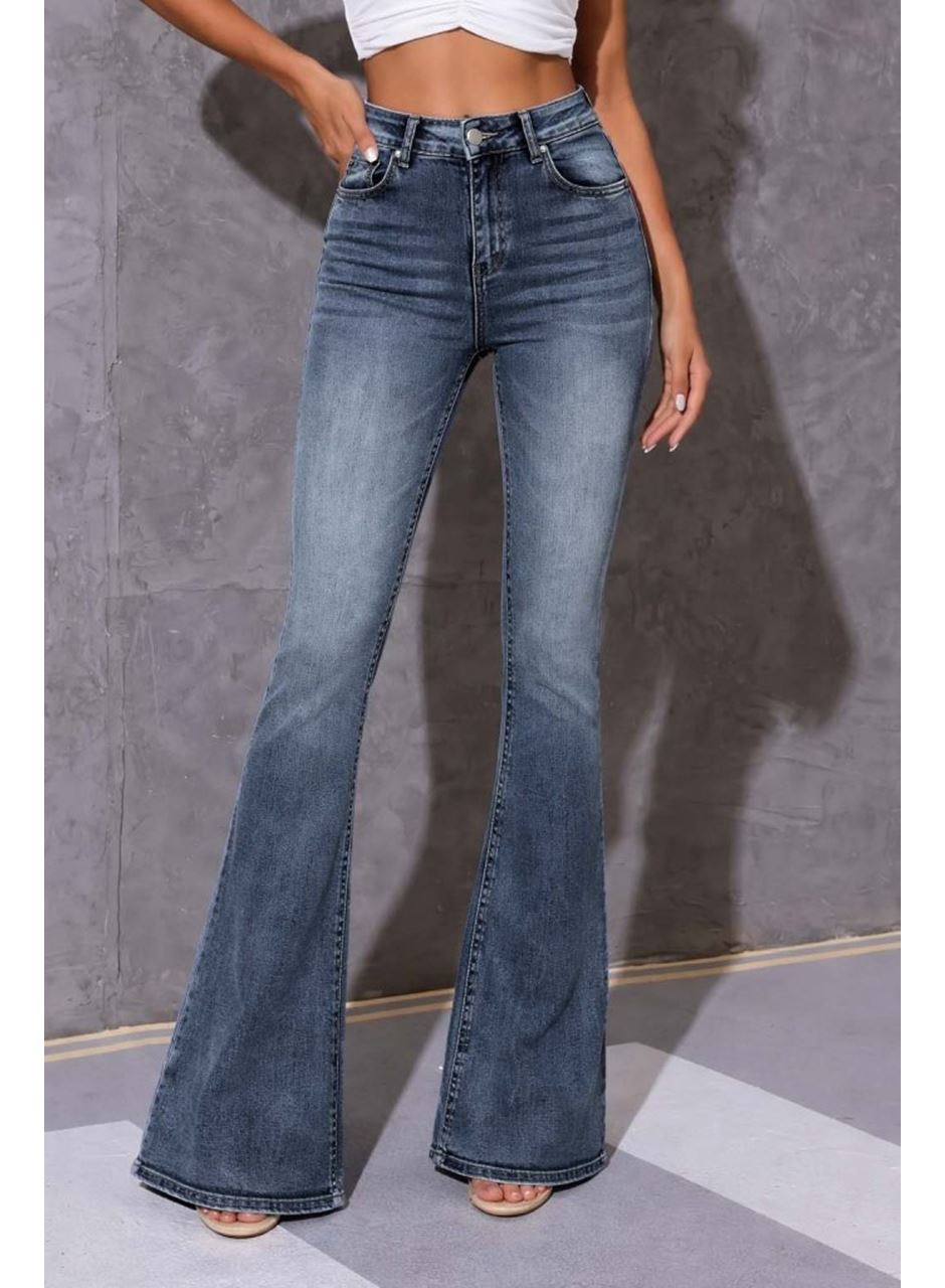 Kadın Yüksek Bel Fermuarlı İspanyol Paçalı Kot Pantolon