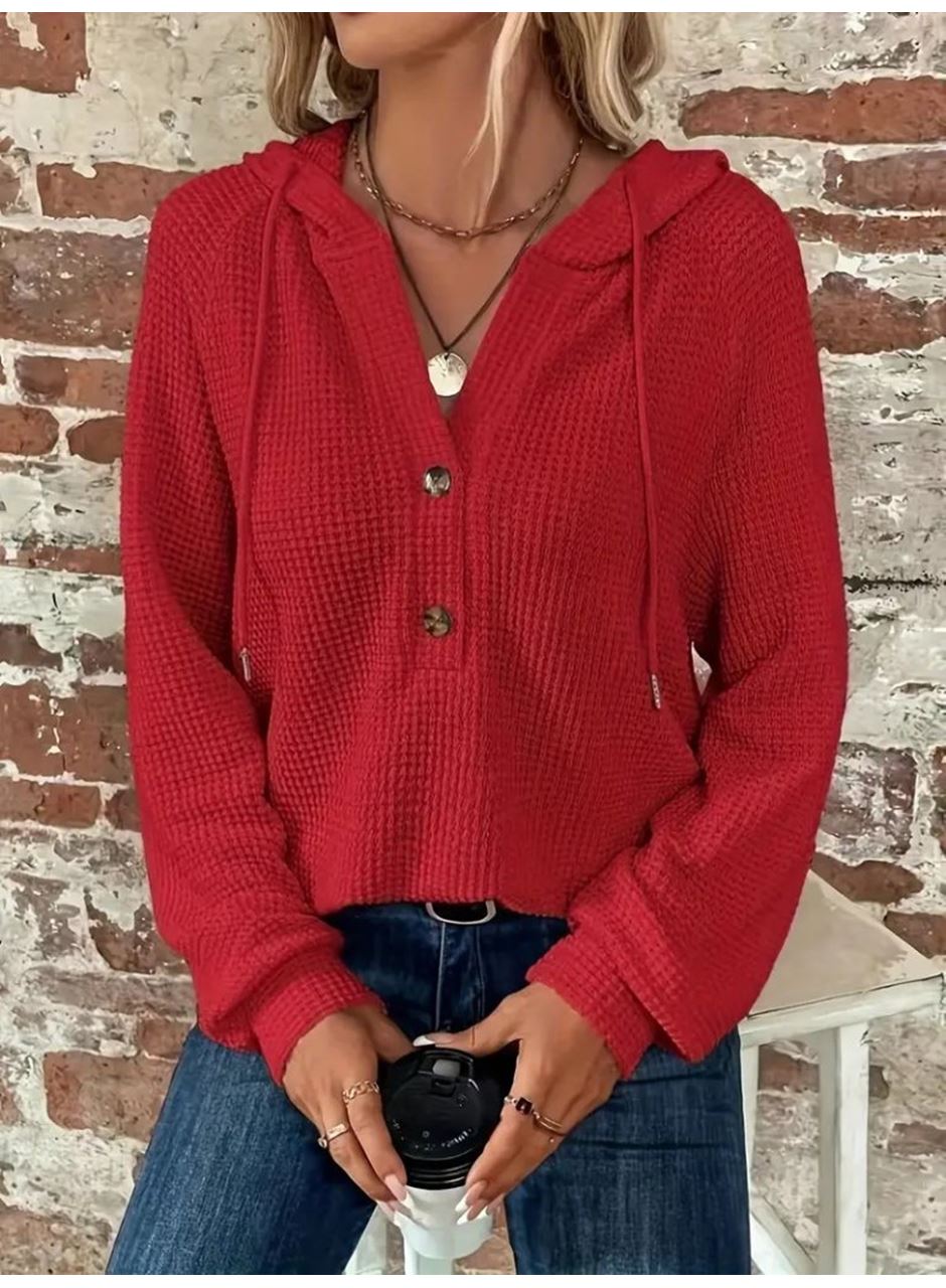 Kadın Uzun Kollu Kapşonlu önü Düğmeli Ve Bağcıklı Waffle Bluz