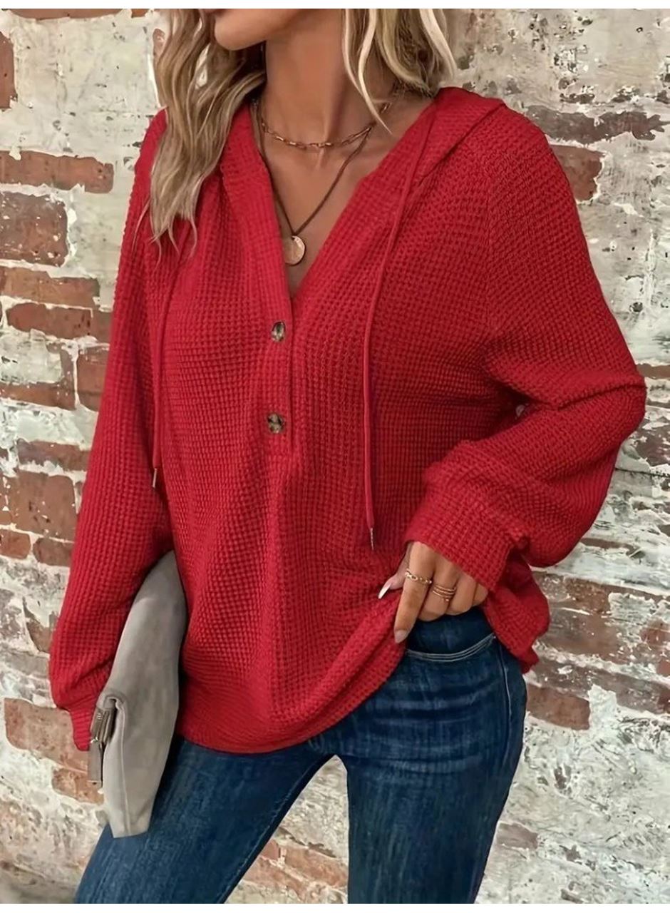 Kadın Uzun Kollu Kapşonlu önü Düğmeli Ve Bağcıklı Waffle Bluz