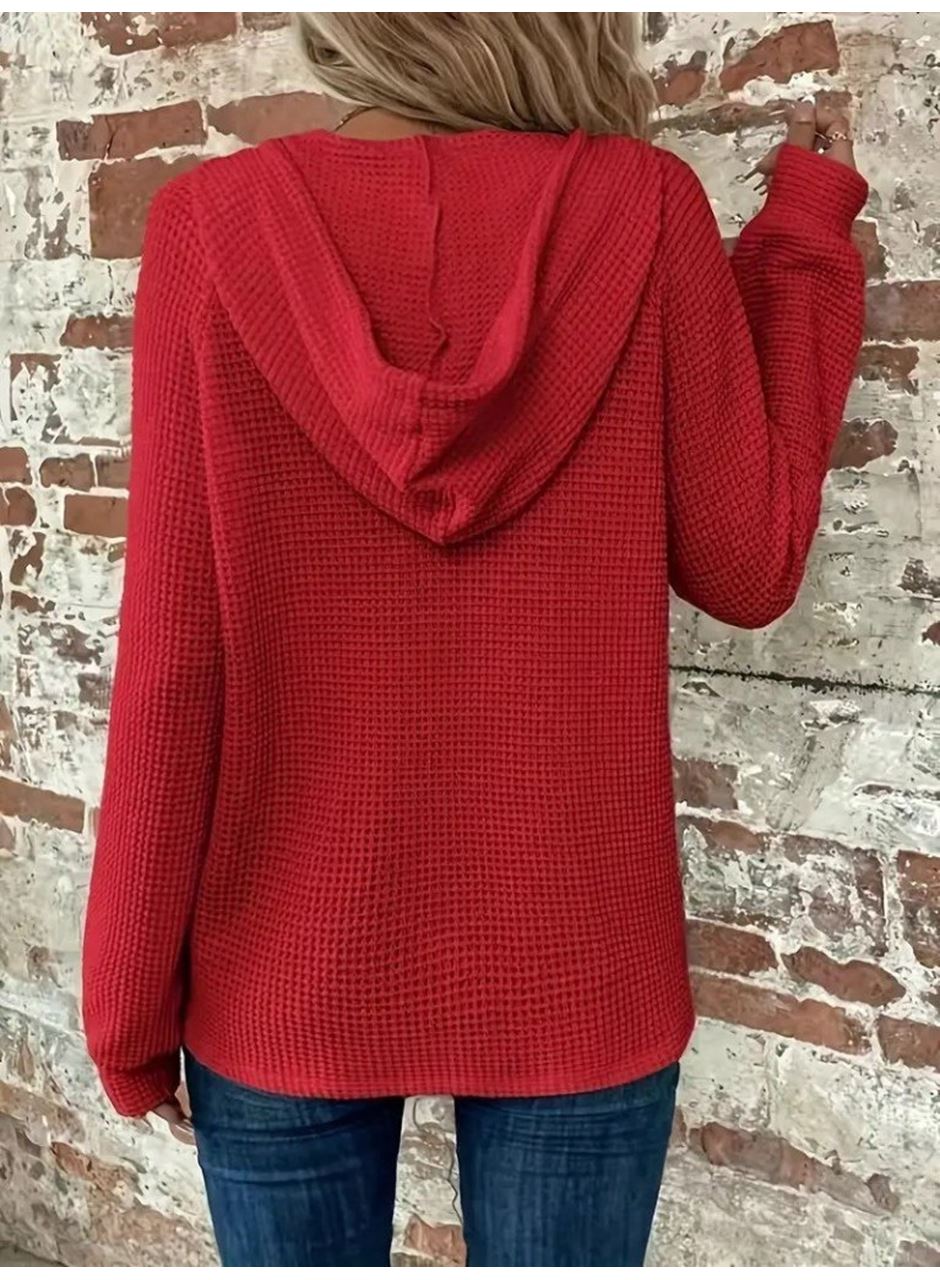 Kadın Uzun Kollu Kapşonlu önü Düğmeli Ve Bağcıklı Waffle Bluz
