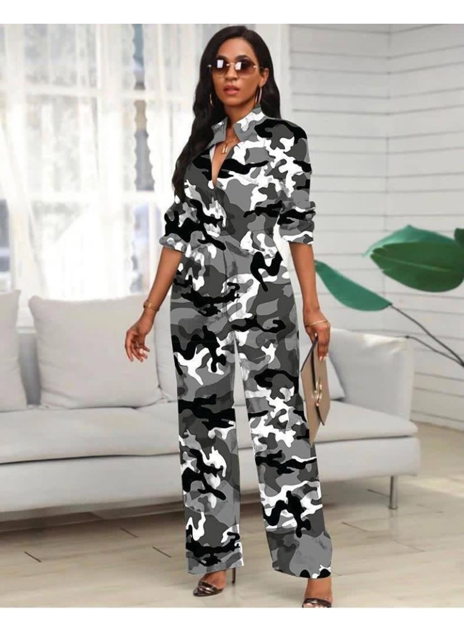 Kadın Uzun Kollu Kamuflaj Desen Tulum