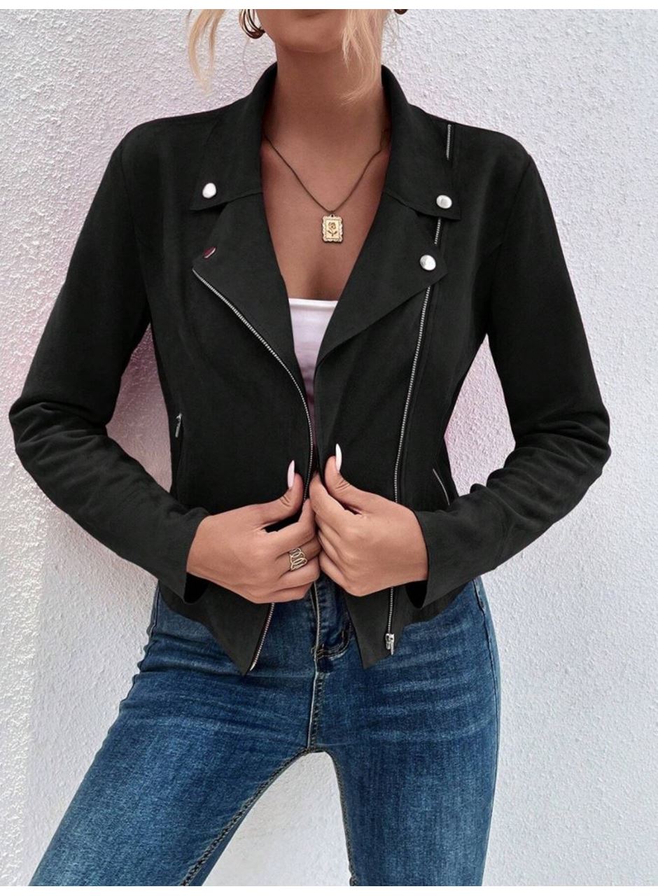 Kadın Uzun Kollu Yakalı önden Fermuarlı Kısa Süet Ceket
