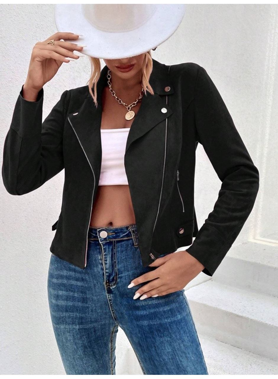 Kadın Uzun Kollu Yakalı önden Fermuarlı Kısa Süet Ceket