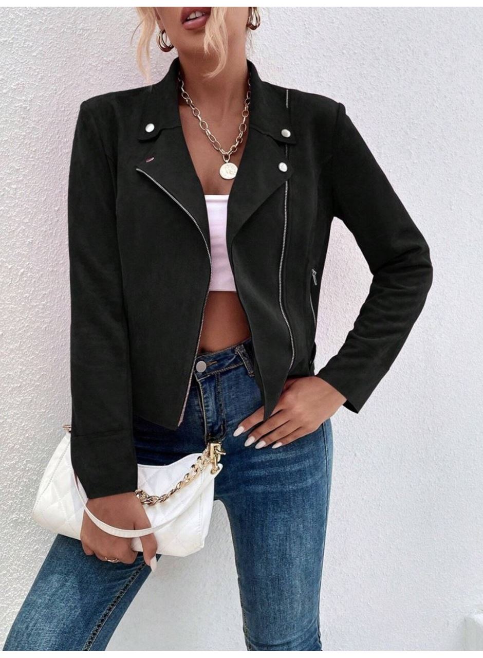 Kadın Uzun Kollu Yakalı önden Fermuarlı Kısa Süet Ceket