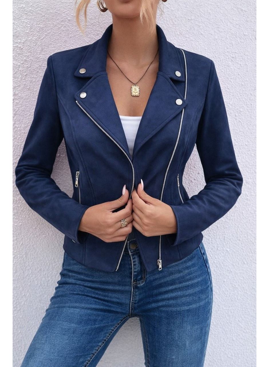 Kadın Uzun Kollu Yakalı önden Fermuarlı Kısa Süet Ceket