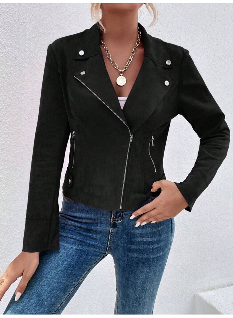Kadın Uzun Kollu Yakalı önden Fermuarlı Kısa Süet Ceket