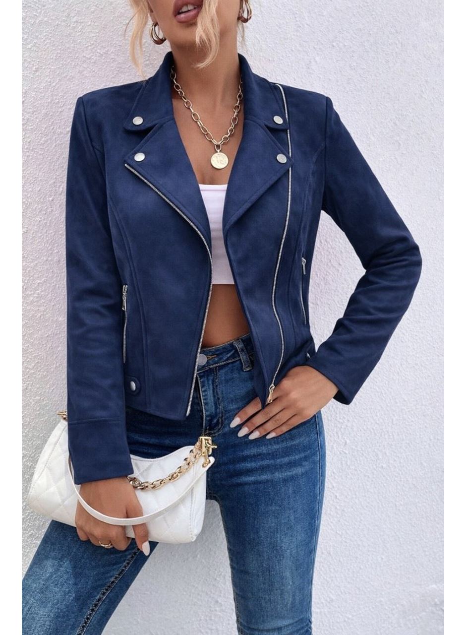 Kadın Uzun Kollu Yakalı önden Fermuarlı Kısa Süet Ceket