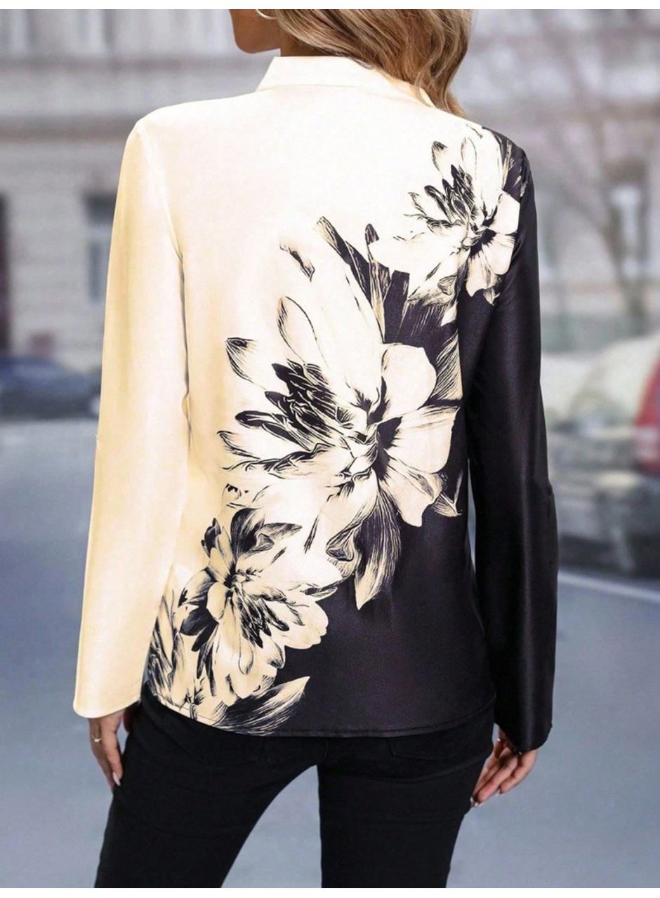 Kadın Uzun Kollu V Yakalı çiçek Desenli Süprem Bluz